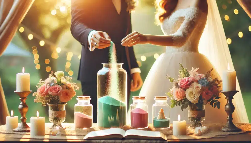 Ein Hochzeitspaar schüttet farbigen Sand in ein Gefäß. Das Sandritual für die eigene Hochzeit